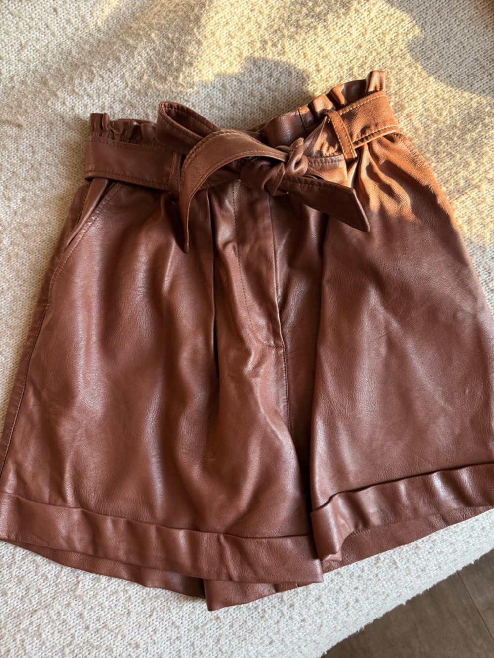 Women's High-Waist Brown Faux Leather Paperbag Shorts with Tie Belt